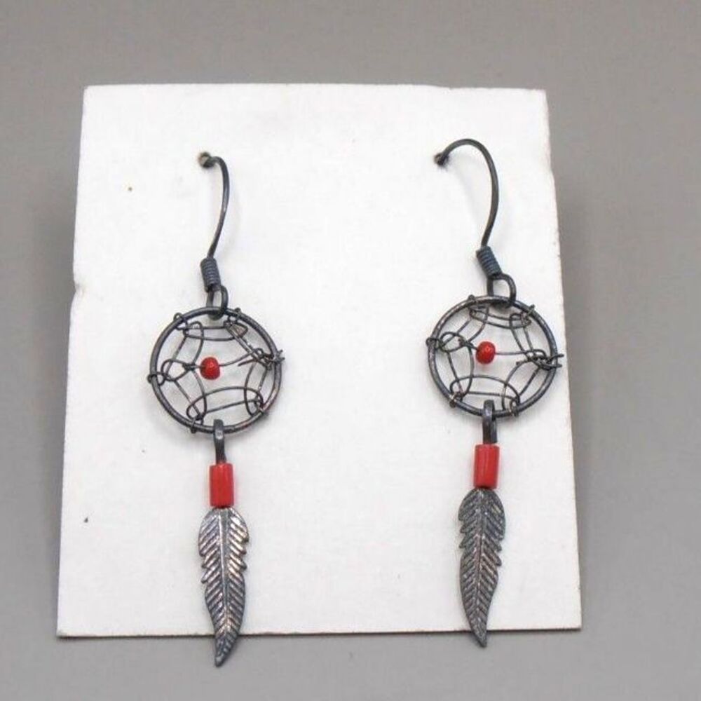 NEW Dreamcatcher Earrings – Boho Tribal Style w/ Feather Charm & Red Bead